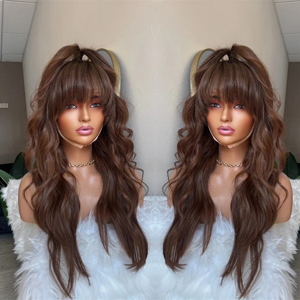 Mocha Brunette Lace Wig with Fringe Brown Highlights Wig Wear and Go Glueless Wig Long Lace Front Wig Synthetic Fibre with Bangs