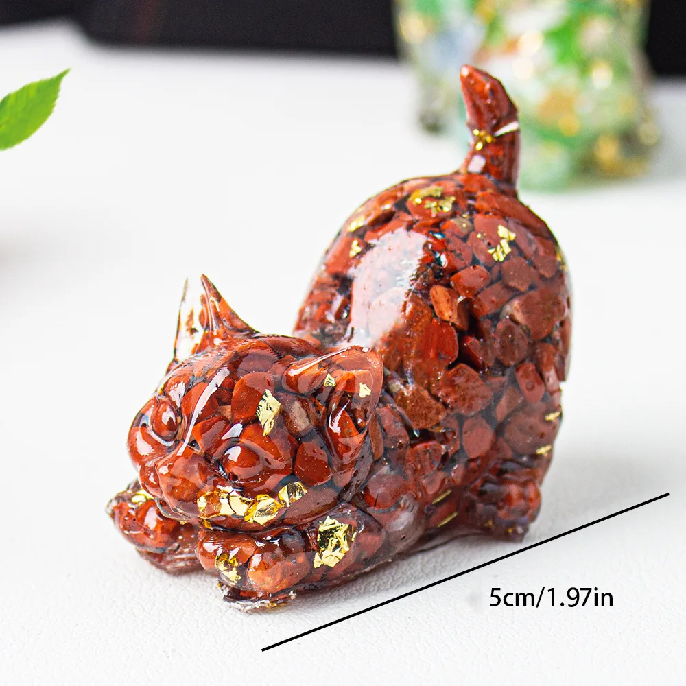 Desktop Figurine，Natural Crystal Crushed Resin Curved Tail Cat Statue, Kitten Tabletop Decor for Home Office