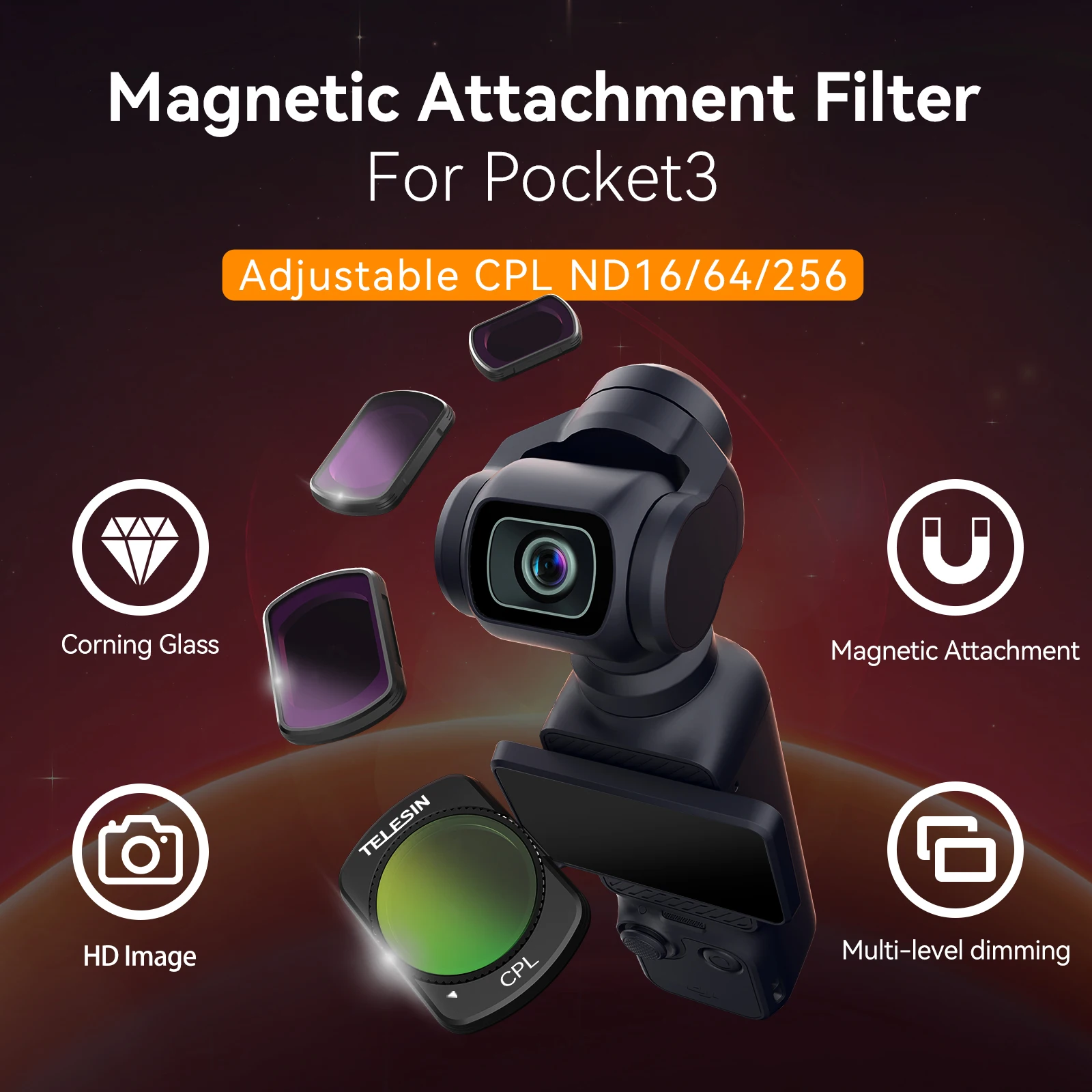 

TELESIN Lens Filter Set for DJI Pocket 4 Pocket 3 CPL ND16 ND32 ND64 ND256 Black Diffusion Lens Filter Action Camera Accessories
