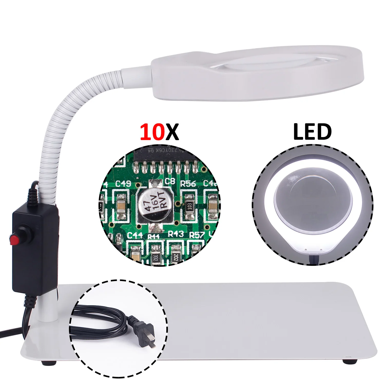 Lampu Pembesar Kaca Pembesar LED Lampu LED Lensa 5X Pembesar Meja LED dengan Dudukan Logam PD-032C 2 in 1 Kotak Warna Kaca Pembesar 5x/10x