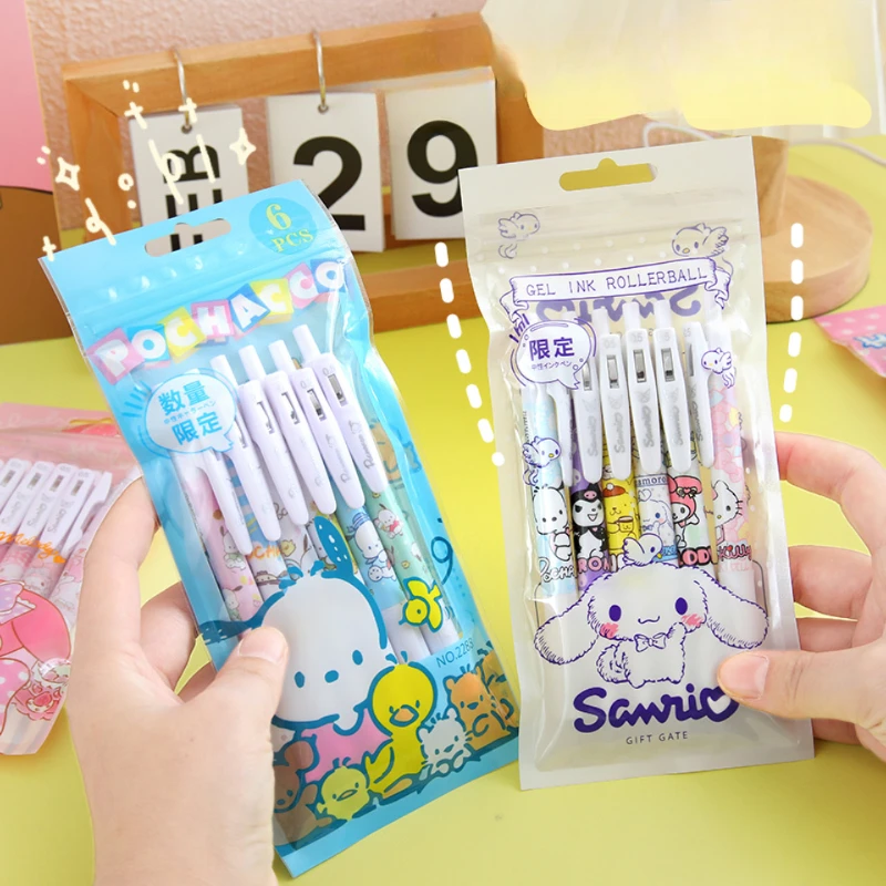 6 sztuk/zestaw Kawaii Sanrio Cinnamoroll 0.5mm zestaw długopisów żelowych uroczy Hello Kitty czarny długopis kreskówka uczeń prezent artykuły biurowe