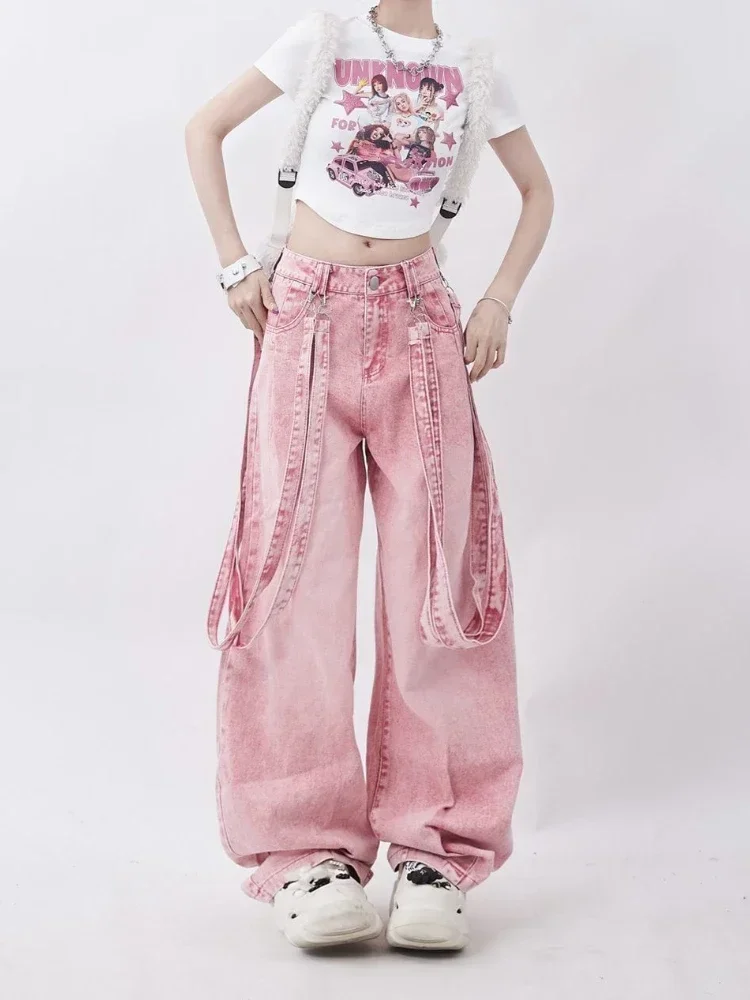 ADAgirl Pink Y2K Cargo Jeans Women Harajuku Oversize Vintage Belt Wide Leg Causal Denim Trousers Hip Hop Korean Straight Pants