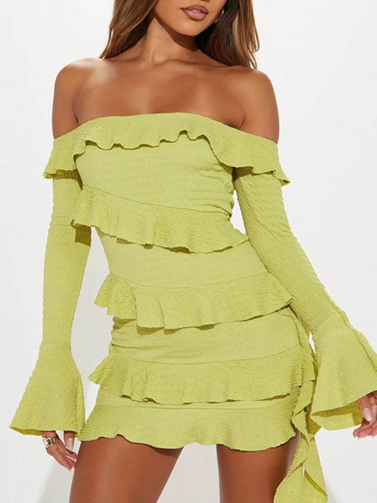 

Sexy Strapless Bodycon Ruffles Mini Dress For Women Fashion Long Flare Sleeve Backless Dresses Summer Party Club Streetwear 2025
