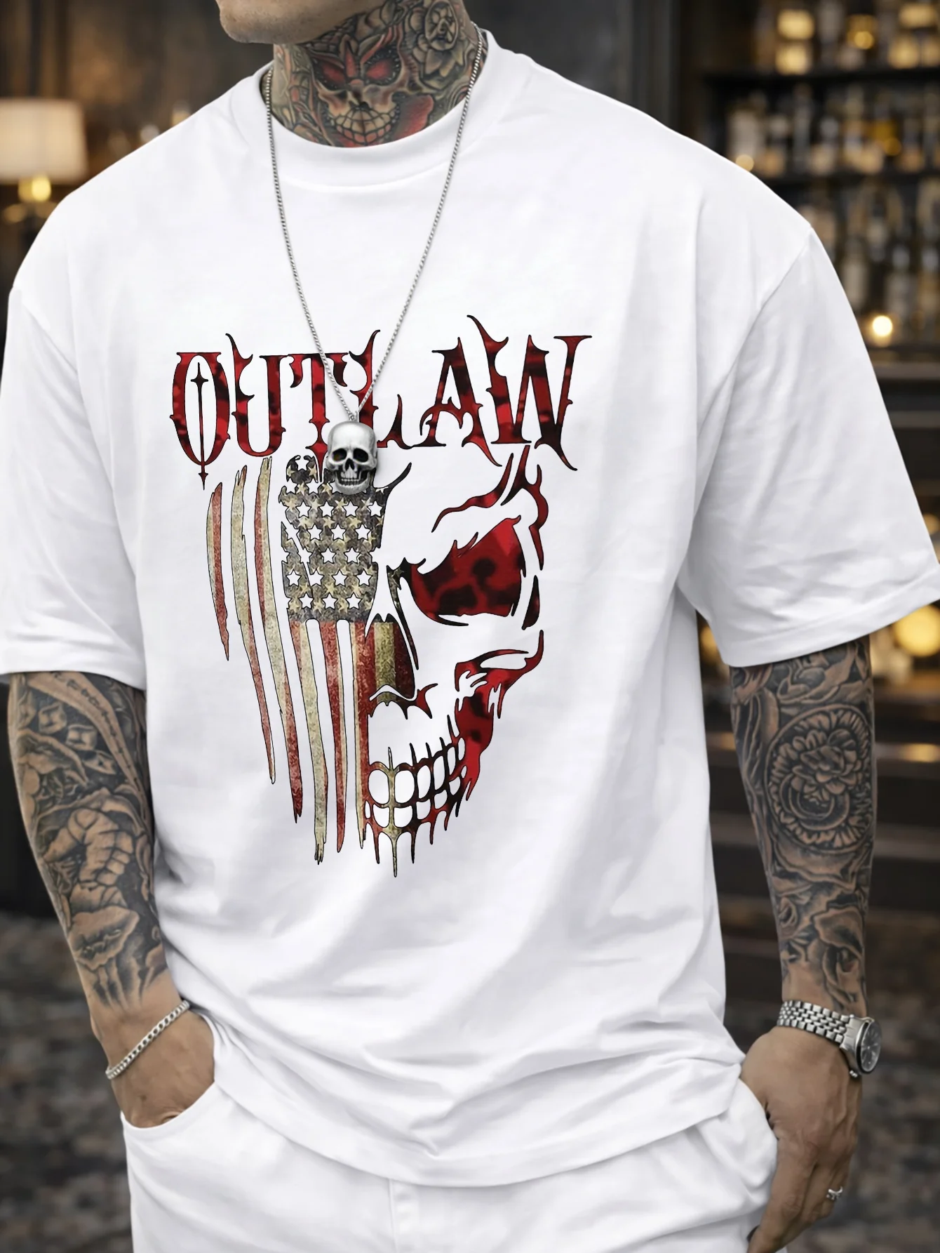 [OUTLAW Men's T-Shirt] Men's OUTLAW Printed T-Shirt - Loose-Fit Casual Short-Sleeve Round Neck T-Shirt with OUTLAW Print, Suitable for Outdoor Wear, Fitness, and Everyday Use,  (Non-Transparent), PLUS SIZE