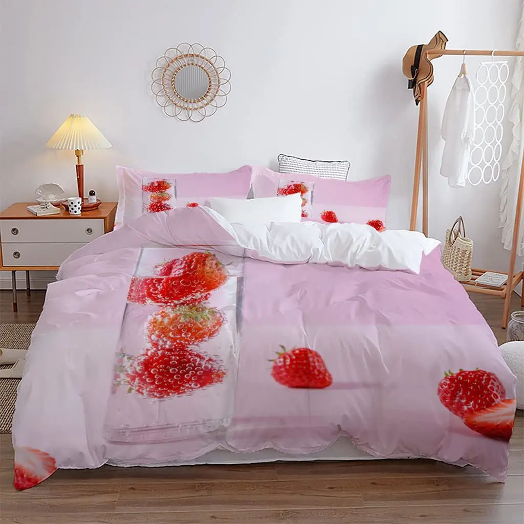 Girls Strawberry Bedding Sweet Strawberry Duvet Cover for Kids Pink Cute Cartoon Fruit Food Theme Girly White Floral Room Decor