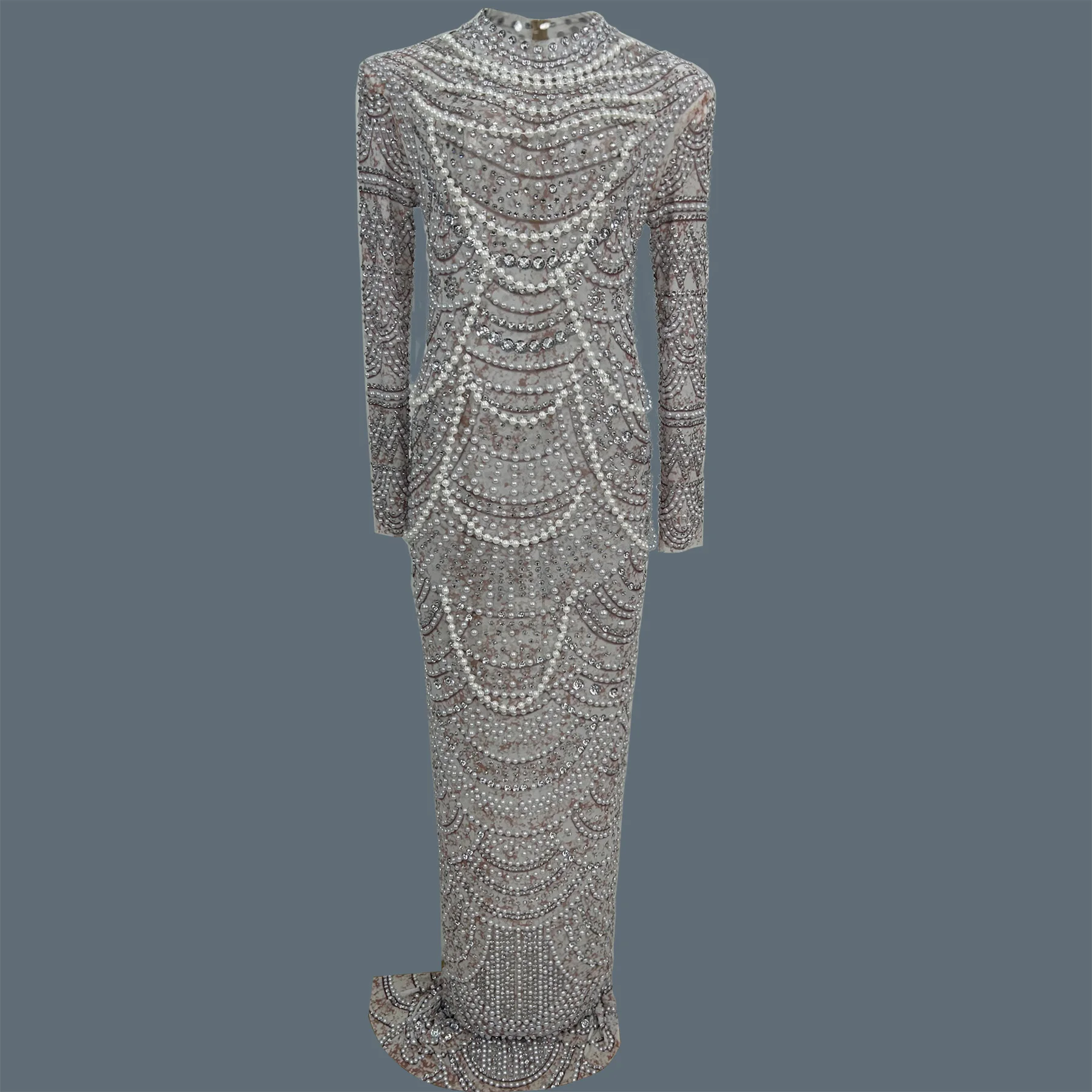 

Luxury Pearl Sheer Mesh Bodycon Maxi Dress Party Pageant Long Sleeve Bodycon Formal Sparkly Rhinestone Sexy Evening Gown Yinhe