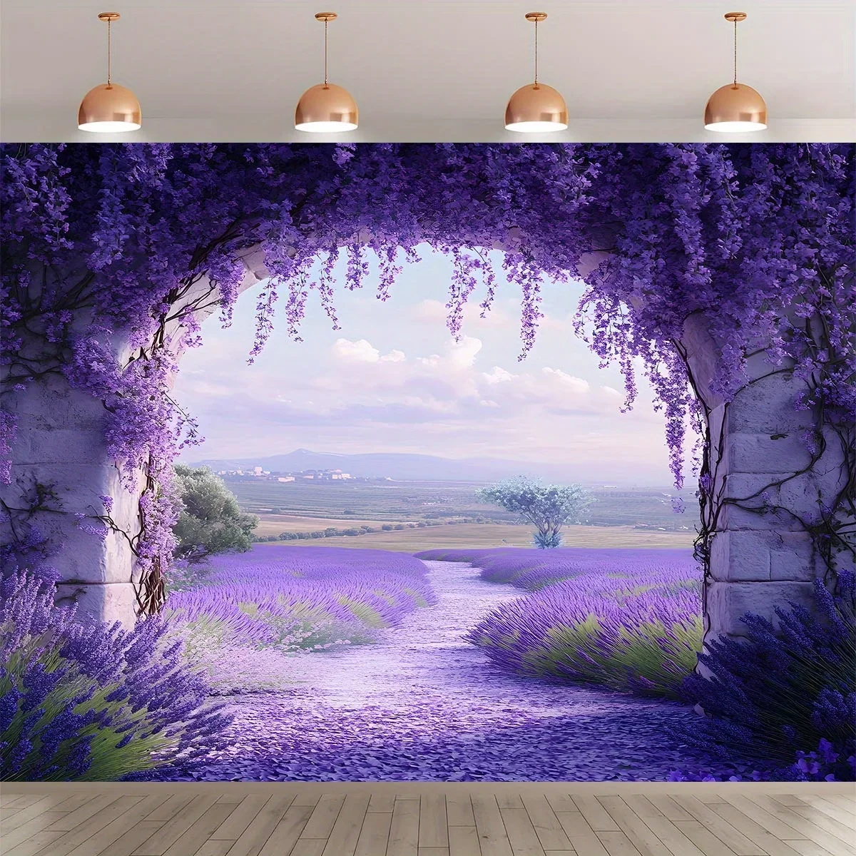 Decorative Lavender Field Mural Wallpaper Backdrop Nature Archway Boho Wall Decal Art Polyester Tapestry Print