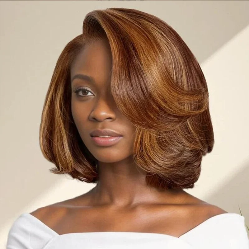 Honey Blonde Highlight Human Hair Wigs Brown Short Layered Lace Front Wigs Soft