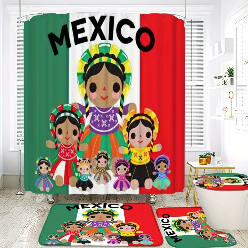 Mexican Dolls Themed Shower Curtain Set with Bath Mat, U-Shaped Rug & Toilet Lid Cover - Machine Washable Polyester Fabric with