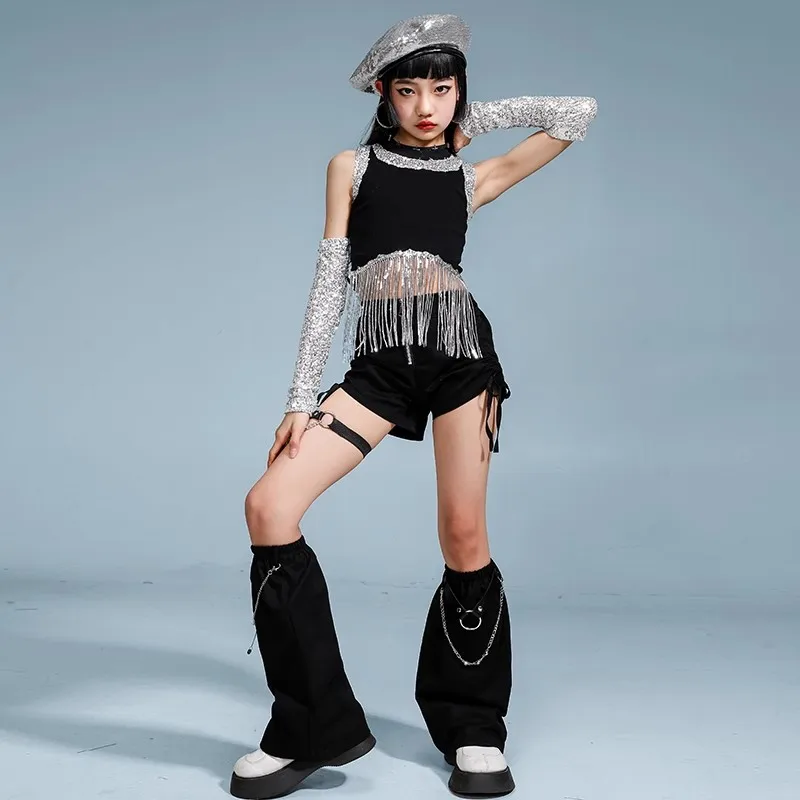 الفتيات الهيب هوب الترتر الفضة المحاصيل الأعلى البضائع السراويل الشارع الرقص السراويل طفل K-pop الجاز الملابس مجموعة الطفل أنيقة الشارع الشهير زي