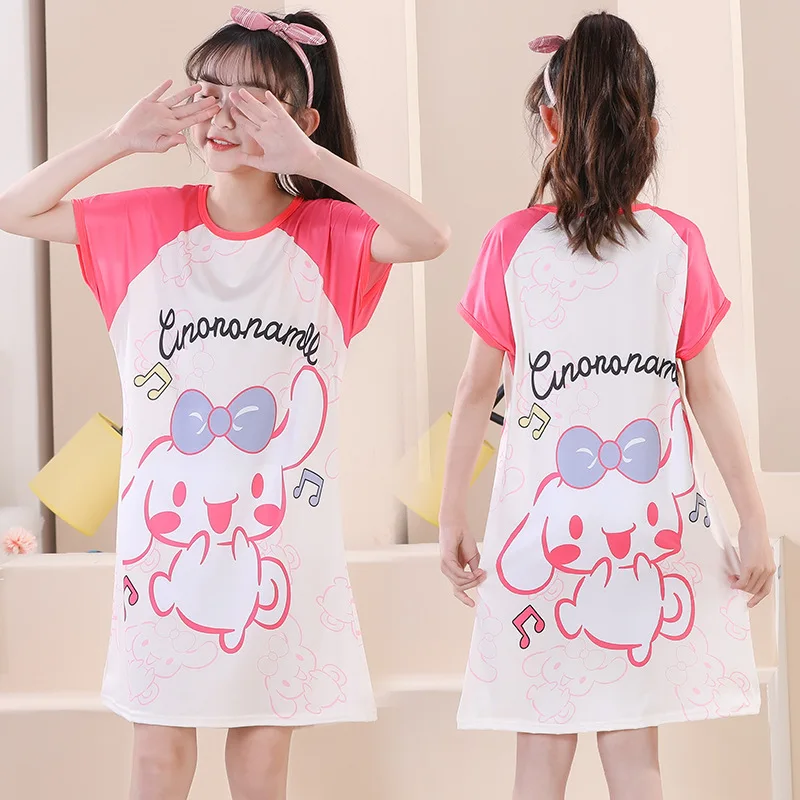 

Catton Kids Nightdress Kuromi Cinnamoroll HelloKittys Cartoon Short Sleeve Homewear Anime Summer Dress Cute Pajamas Girl Gift