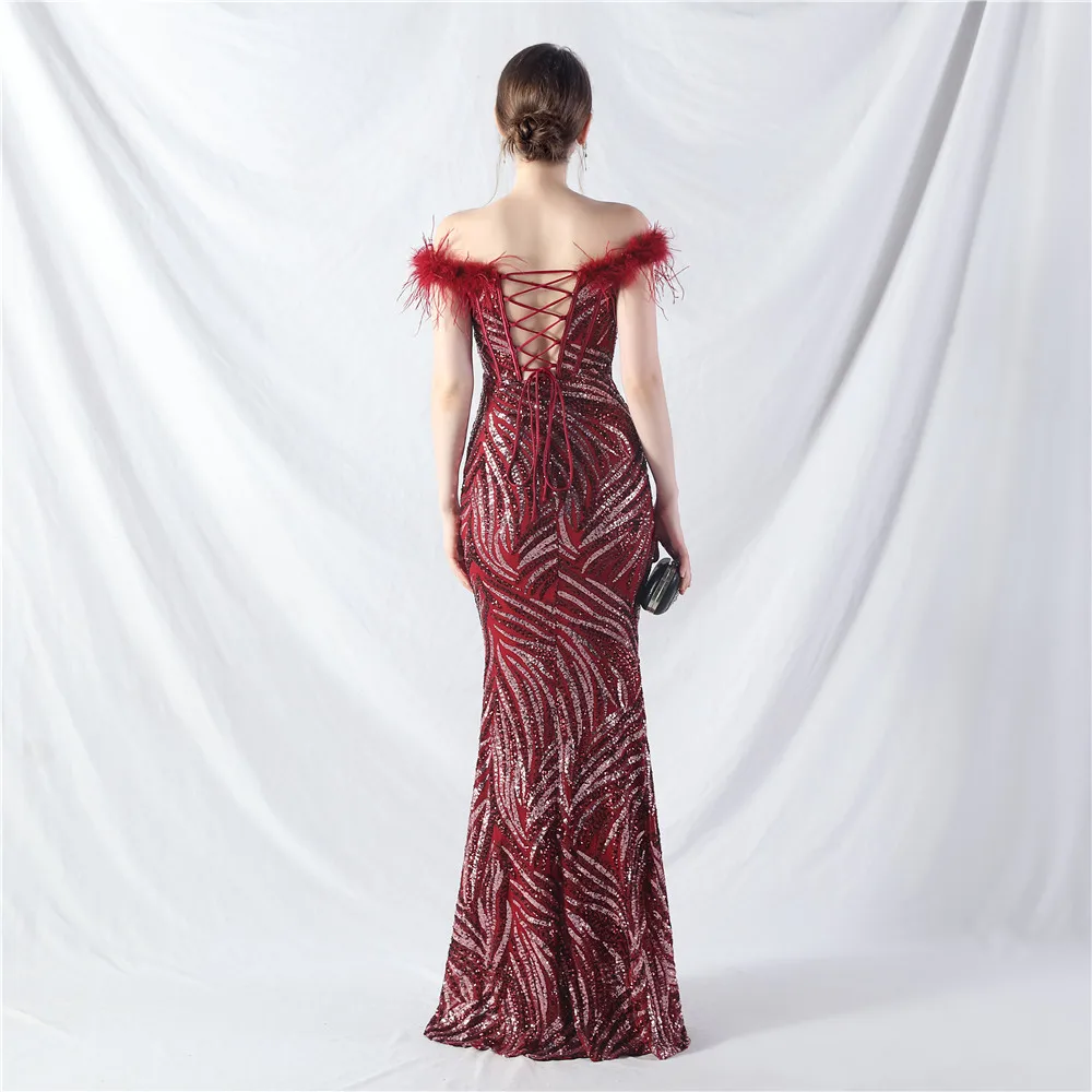 2024 Burgundy Long Dress Evening Off The Shoulder Floor Length Feathers Sequined High Quality Prom Party Gowns In Stock