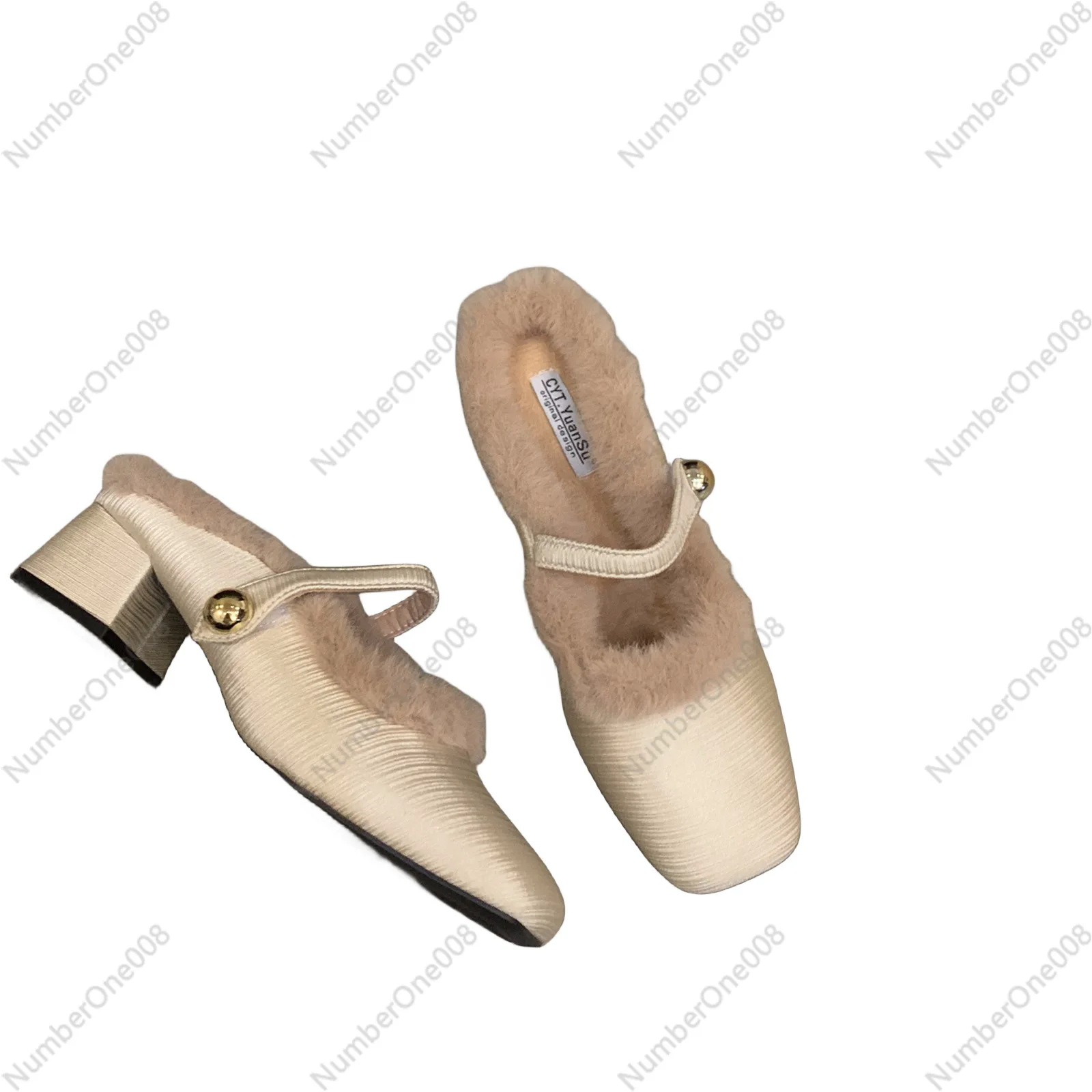 شباشب قطيفة أنيقة بكعب مكتنز، 2024 خغال شتوية جديدة فروي، أحذية مبطنة دافئة مفتوحة من الأمام للنساء #1