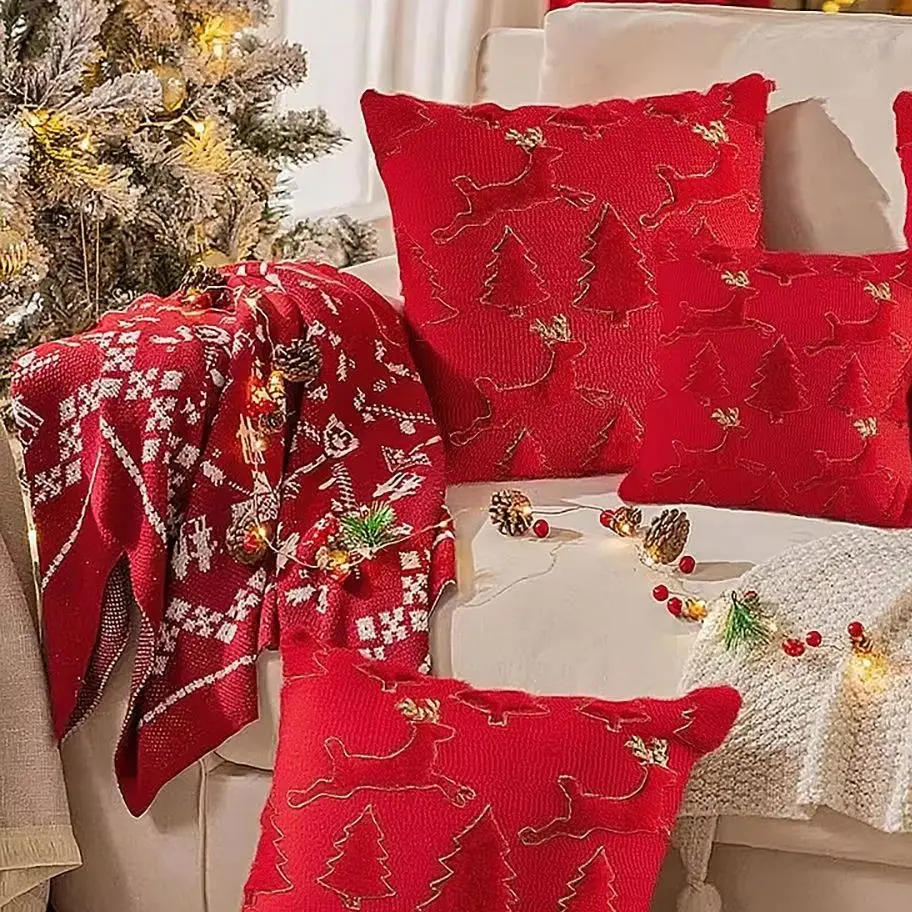 Elk Christmas Tree Soft Plush Fabric Green Christmas Cushion Covers Living Room Sofa Christmas Throw Pillow Cover Red 18x18Inch