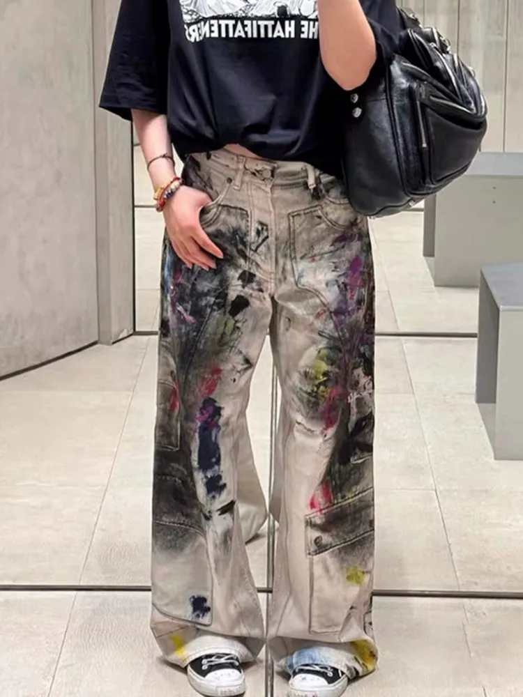 Hip Hop Vintage Graffiti Print Persönlichkeit Jeans Frauen High Street Gerade Hosen Lose Fit Neue Weibliche Casual Denim Hosen