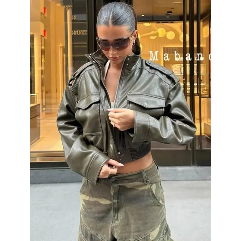 BKQU Faux Leather Cropped Jacket Women Vintage Stand Collar Zipper Pocket Long Sleeve Coat 2026 Autumn Lady Casual New Outerwear