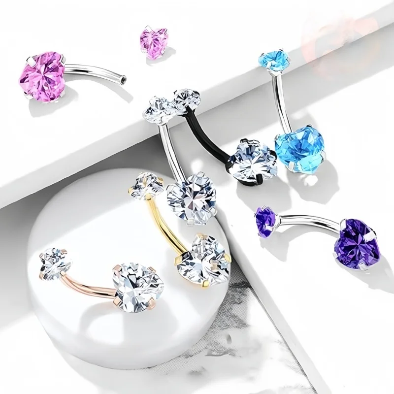 G23 Titanium Heart Shaped Belly Button Ring 14G with Clear CZ Women's Navel Piercing Hypoallergenic Sexy Body Jewelry