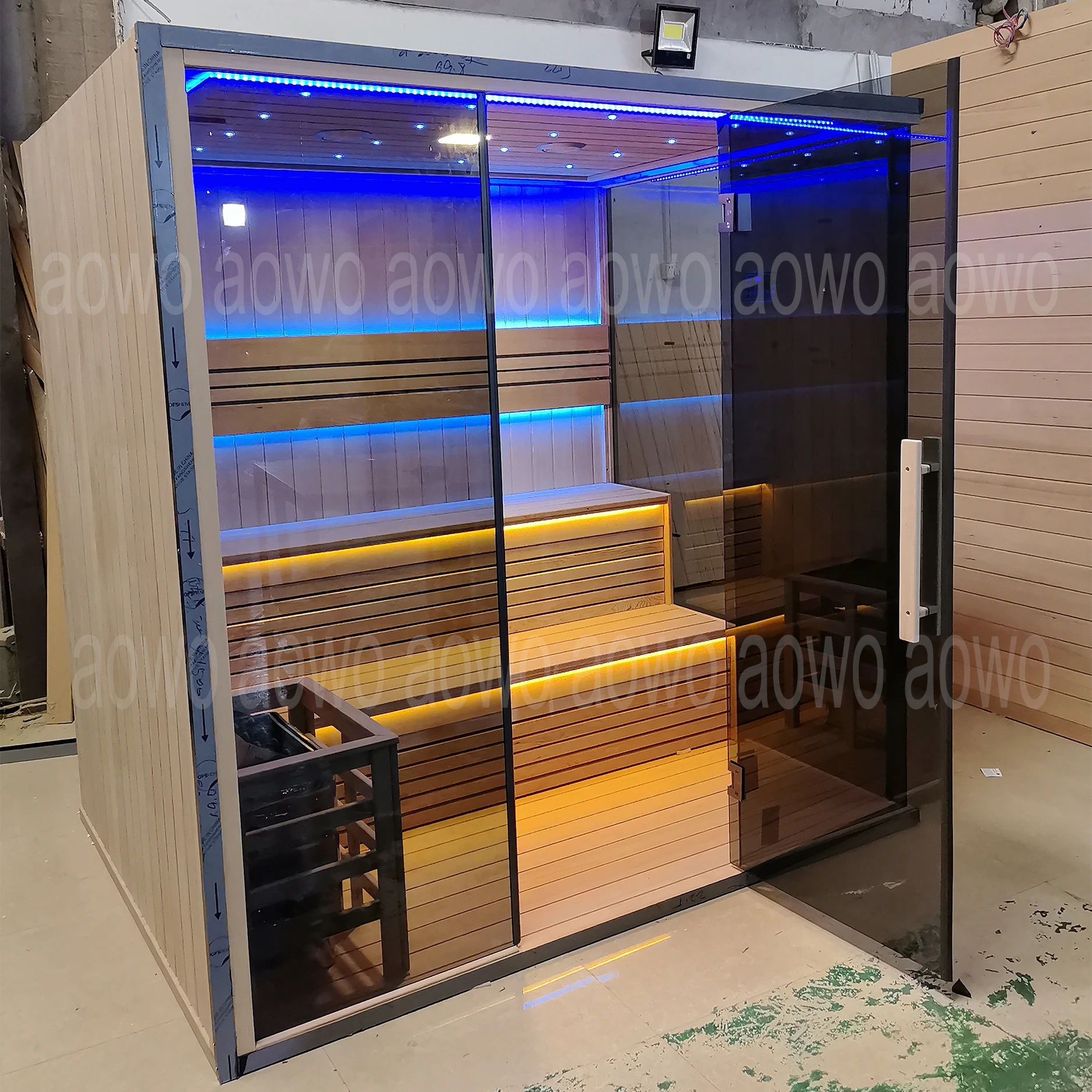

Beauty Salon Sauna Cedar Wood Cabinet Black Stainless Frame Sauna Warm Stone Infrared-red Sauna Salt Therapy Second Layer Bench