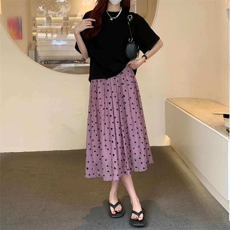 New Versatile Flocking Love Printed Skirt Women's High Waist Slim Large Swing Umbrella Skirt Loose A-line Long Skirt Y2k Skirt