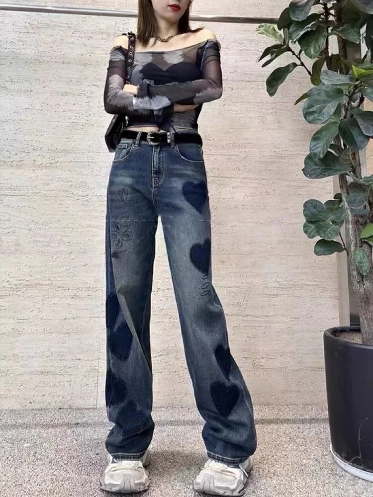 

Джинсы в стиле ретро, осенние новые тяжелые вышивки в форме сердца, модные индивидуальные универсальные прямые широкие брюки с высокой талией