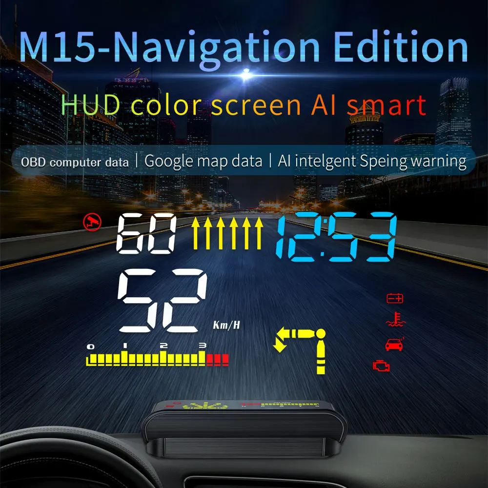 

Универсальный автомобильный HUD-дисплей M15 OBD2 с оповещением о скорости, проекционный на лобовое стекло, цифровой, для навигации, автоэлектроника