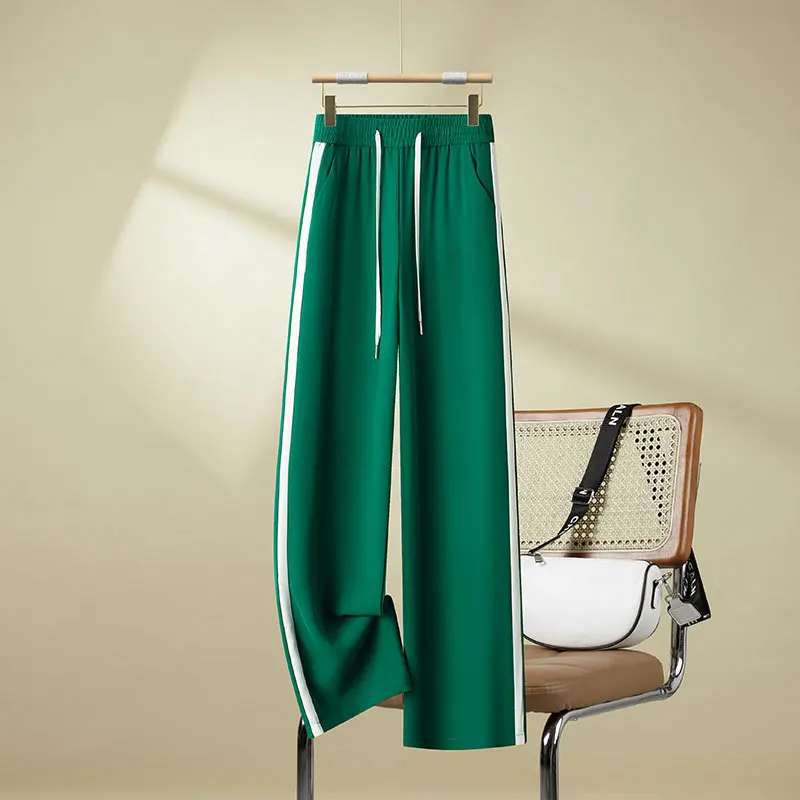 سراويل صيفية نسائية بخصر مطاطي ومتعددة الاستخدامات وشريط جانبي كاجوال مستقيم طويل