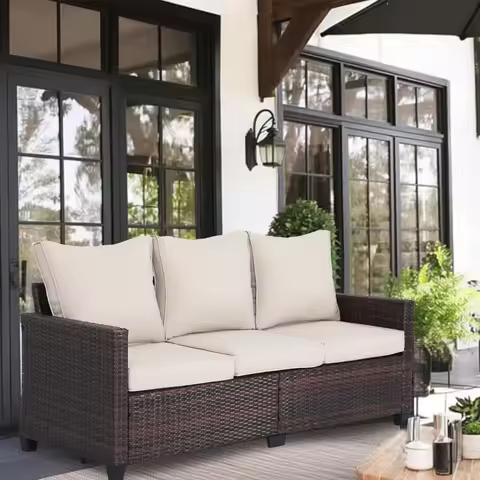 3-Seat Rattan Wicker Couch for Garden Deck or Porch, Comfortable All-Weather Patio Furniture