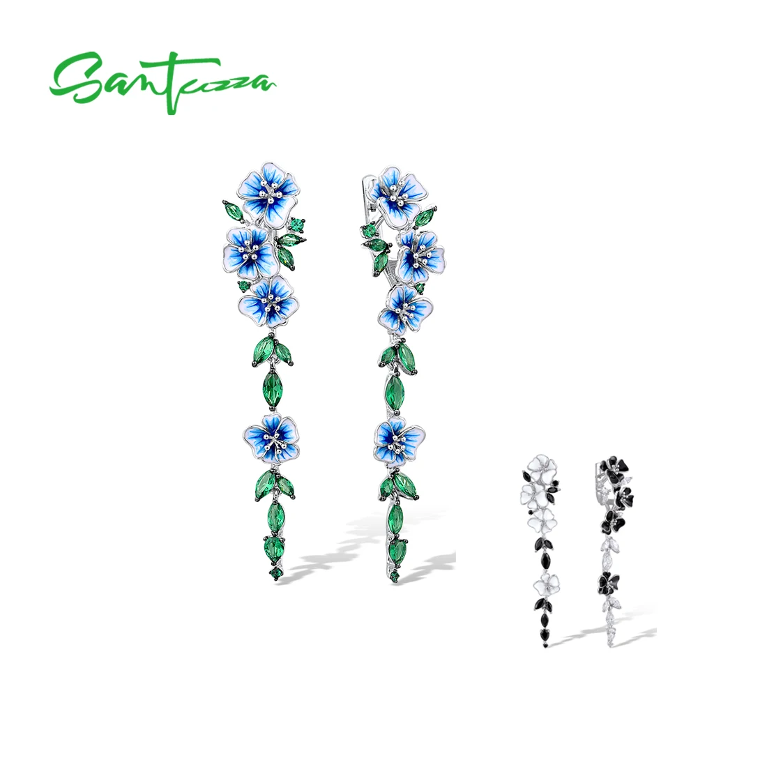 SANTUZZA Genuine  925 Sterling Silver Earrings For Women  Delicate Blue /Black Flowers Dangling Fine Jewelry Handmade Enamel