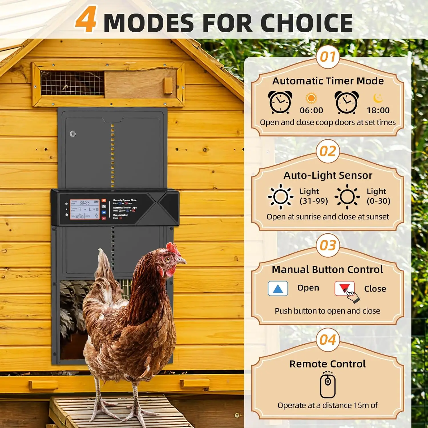 Automatic Chicken Coop Door Solar Powered,2000 mAh LCD Display Automatic Chicken Door with Timer & Light Sensor, Aluminum Alloy