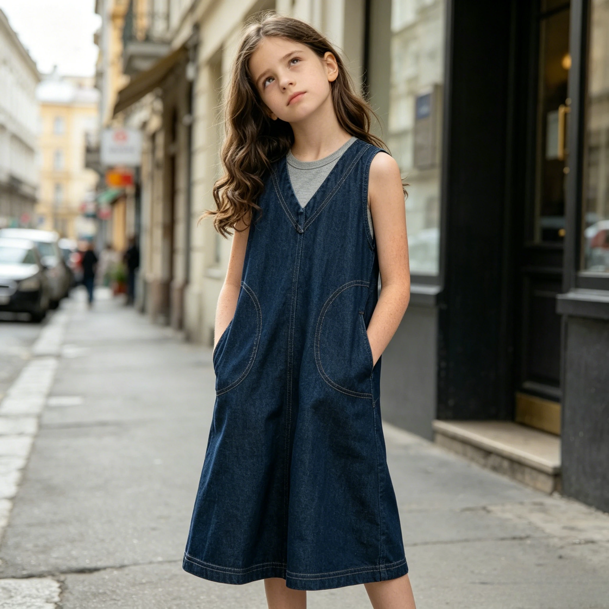 

Kids Girls Vintage Denim Overall Dress Sleeveless V Neck Relax Fit Long Dress for Spring Summer Outdoor Wear Daily School Outfit