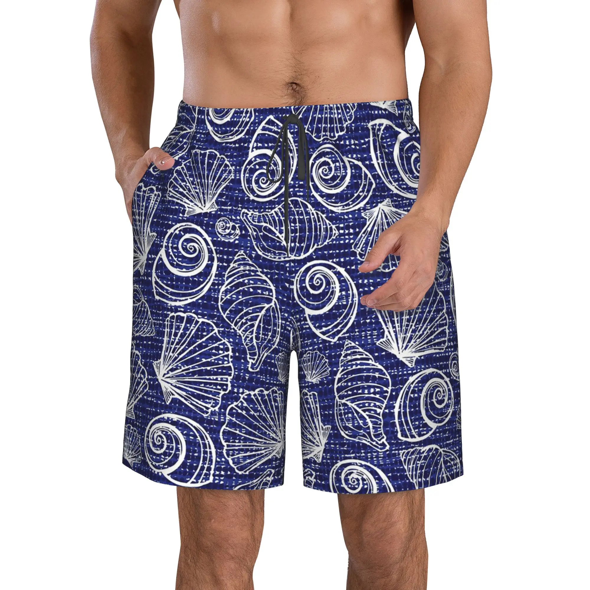 White Sea Shell In Blue Background Trunks Beach Board Shorts Casual Quick Dry Swim Summer Men Pants