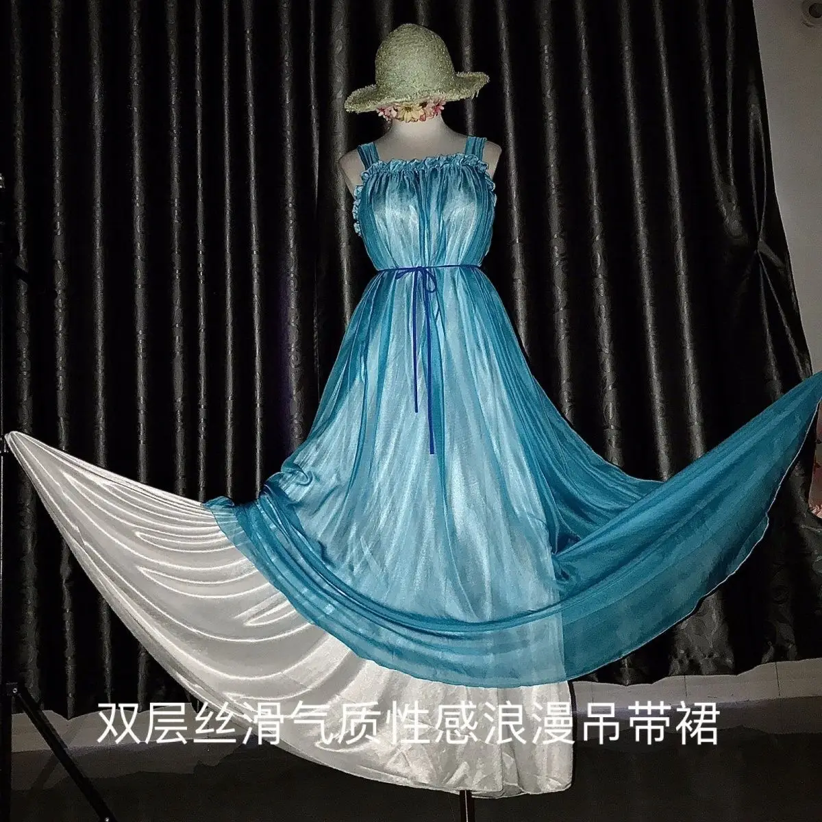 

Glossy Ruffles Women Satin Long Maxi Dress Elegant Sleeveless Mesh Elegant Dresses