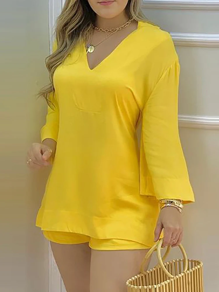 Bell Sleeve V-Neck Top & Shorts Set