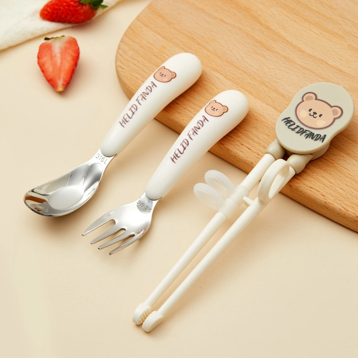 WORTHBUY Kid Spoon Fork bacchette Set di posate in acciaio inossidabile 316 Set di stoviglie carine Set da pranzo per l\'alimentazione del cibo per