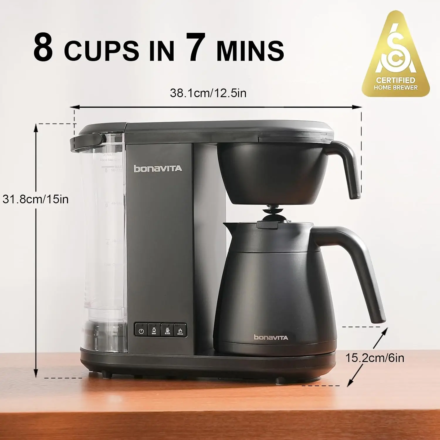 Enthusiast 8 Cup Drip Coffee Brewer, Pour Over, SCA Certified Coffee Machine with Thermal Carafe, Stainless Steel Panel