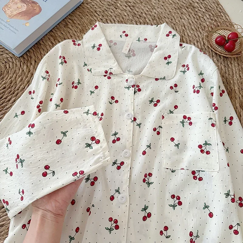 Korean Style Women's Spring Autumn New Arrival Comfortable Cherry Floral Trim Sleepwear Set Casual Home Clothes