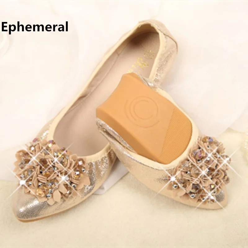 Lady Cheap Big Size 32-45 Flowers Diamond Women Ballet Flats Italian Shoes Latex Insole Pregnant Driving Loafers Cinderella Gold