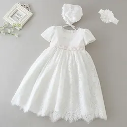 Hetiso White Infant Dress for Baptism Baby Girls Lace Dresses with hat Kids Clothes Christening Birthday Outfits 3-24 Month