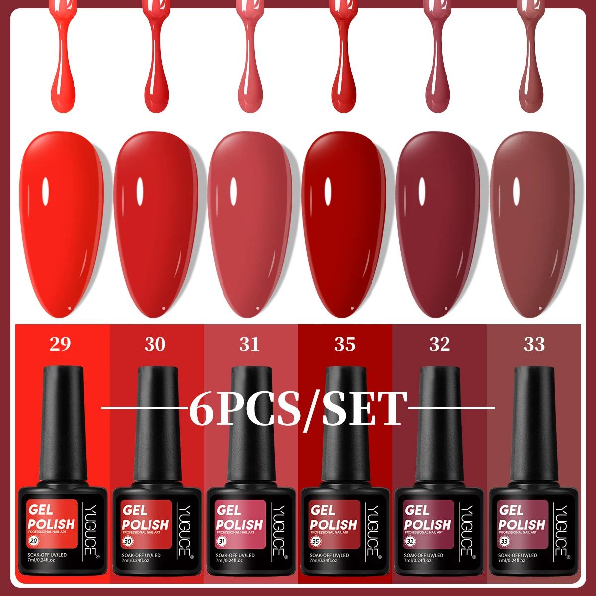 Nail Art Red Wine - Sechsfarbiges Rotwein-Gel-Nagellack-Set, abnehmbares UV-LED-Nagelgel-Kit, leuchtend rote,