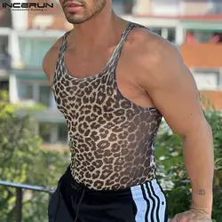 INCERUN Men Tank Tops Leopard Printing O-neck Sleeveless Skinny Male Vests Summer Streetwear 2024 Fashion Casual Men Clothing