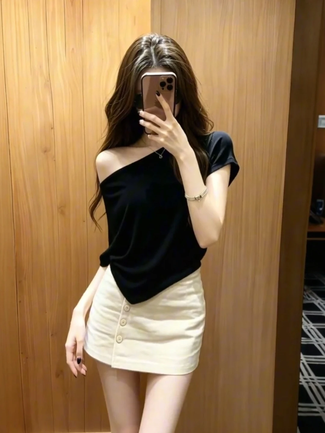 

Summer Chic Black Slimming Two-Piece Set High Waist Short Skirt One-Shoulder One-Word Collar Women's Fashion Set Breathable S...