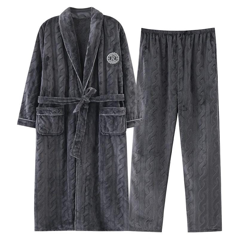 

Зимняя жаккардовая фланелевая одежда для сна с поясом, халат + брюки, 2 предмета, теплый мужской пижамный костюм, коралловый флисовый халат, комплект с длинными рукавами, мужская домашняя одежда