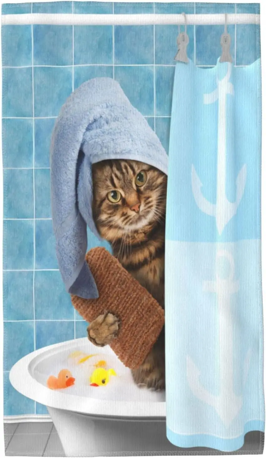 Long Hand Towels Funny Cat in The Bath Realistic Design Ultra Soft Towel Absorbent Luxury Towels for Bathroom Hotel Gym