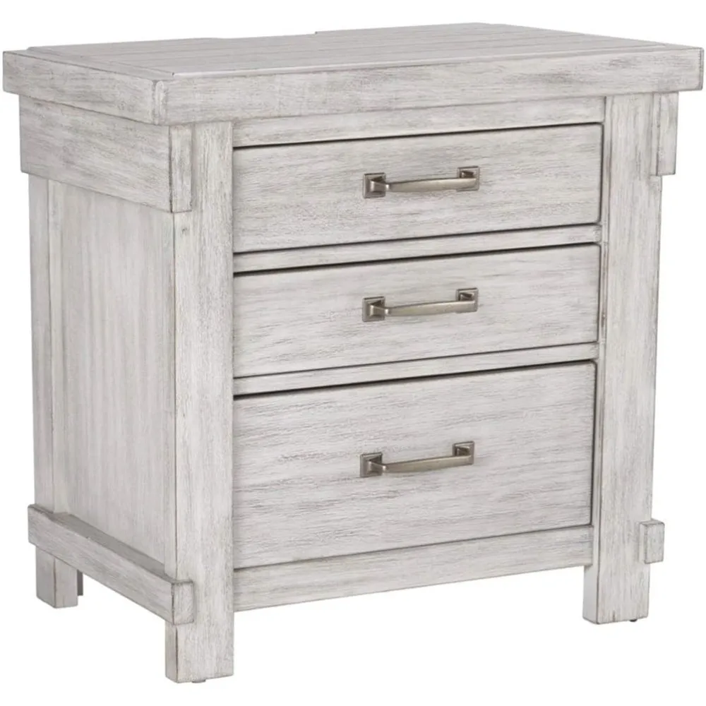 Brashland Farmhouse 3 Drawer Nightstand with Dovetail Construction, 2 Electrical Outlets & 2 USB Charging Ports, Textured White