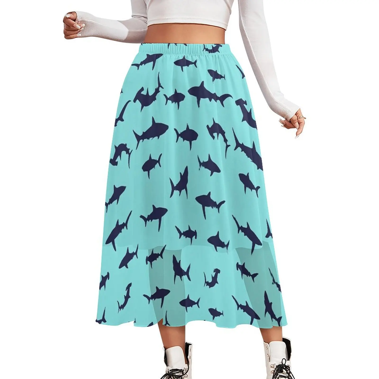 Sharks Silhouette Skirt Animal Print Modern Boho Skirts High Waist Custom Aesthetic Casual Skirt Big Size 2XL 3XL