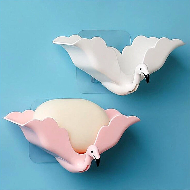 Flamingo Soap Dishes Drain Suction Cup Soap Box Wall-mounted Multifunctional Storage Shelf with Hook Bathroom Accessories