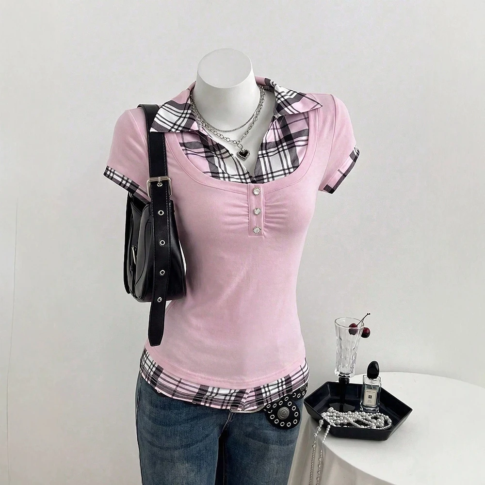 Summer new style T-shirt, lapel short-sleeved vintage summer pleated waist-fitting fake two-piece checkered collar top