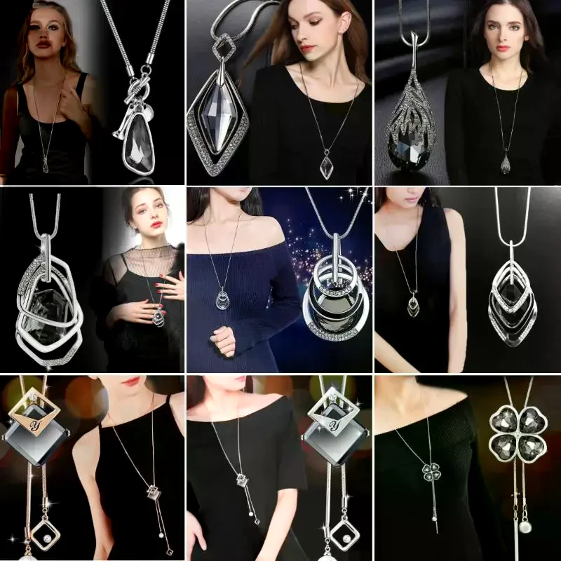 موضة غير النظامية هندسية رمادي كريستال قلادة للنساء أنيقة طويلة قلادة الشتاء سترة سلسلة قلادة مجوهرات