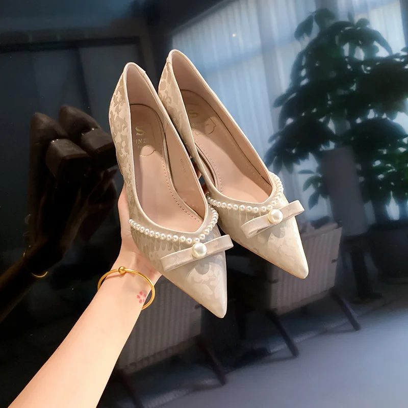 

New Women Shoes Exquisite Imitation Pearl High Heels for Woman Elegant French Style Casual Shoes Designer Shoes Zapatos De Mujer