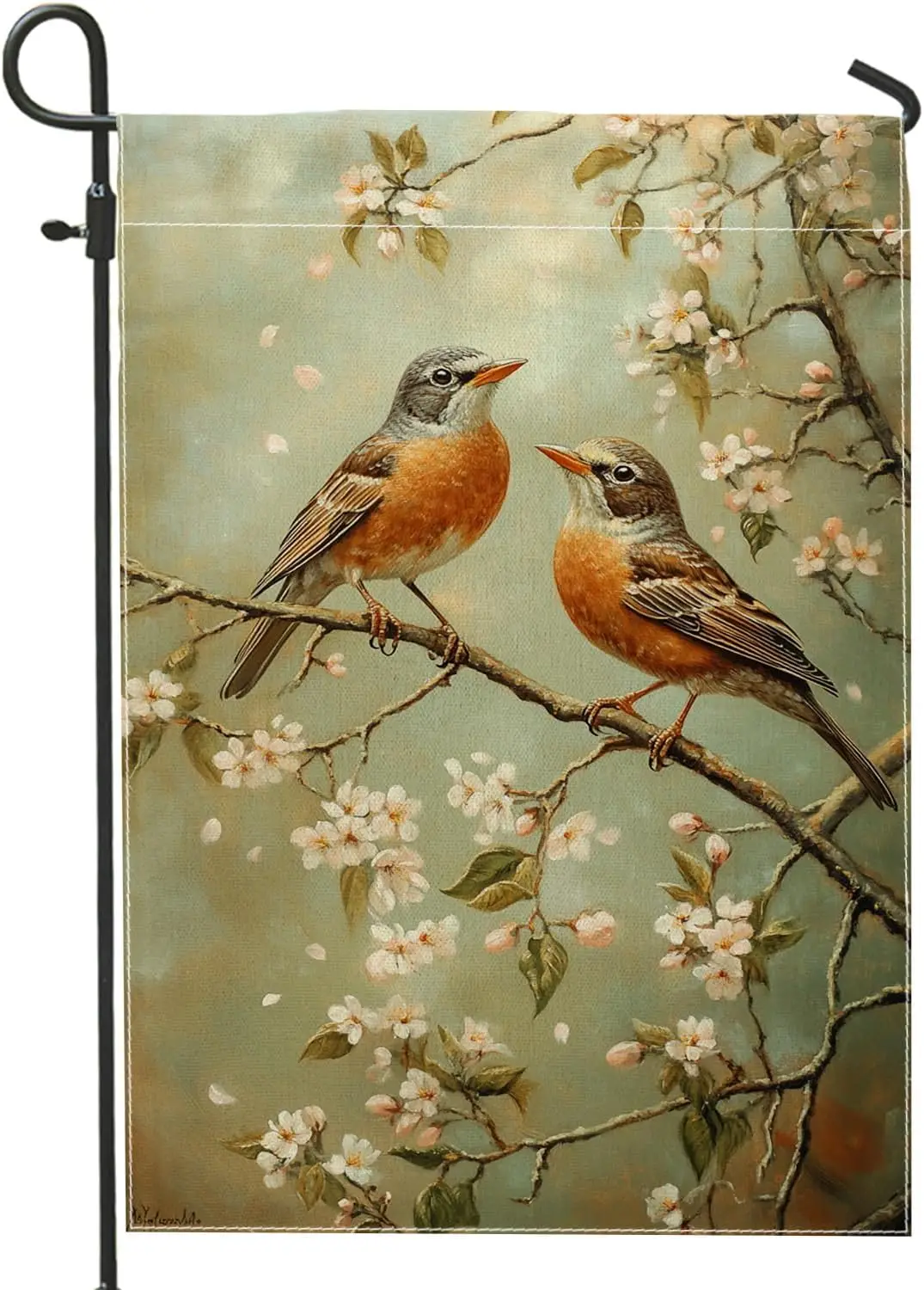 Spring Summer Bird Floral Garden Flag, Brown Robin Birds on Branch Home Decor Banner, Double Sided Burlap Yard Flag Outdoor  PPZ